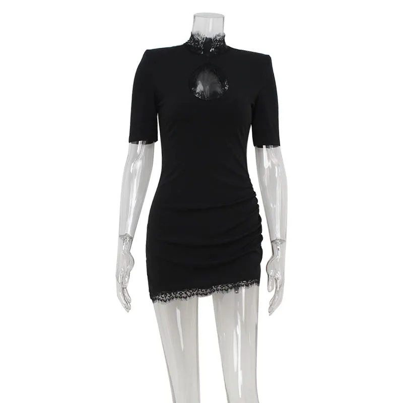 Robes à col haut pour femmes, mini robe éducative, tenues à demi-manches, gaine de tambour évidée, p