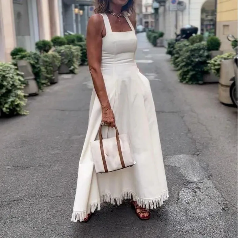 Robe longue d'été à Camisole blanche, décontractée, épaules dénudées, poches, coupe cintrée, élégant