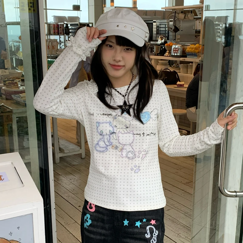Karrram japonais Y2k Anime imprimé tricoté hauts 2000s esthétique à manches longues T-shirt Cutecore