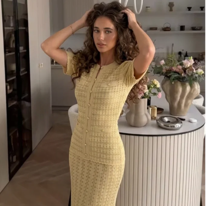 Nouvelle Robe Midi Élégante en Tweed Bleu Marine pour Femme 2026, Manches Courtes, Effet Deux Pièces