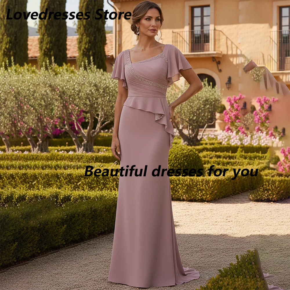 Robes de mère de la mariée personnalisées, rose poudré, manches volantées, péplum perlé, robe de soi