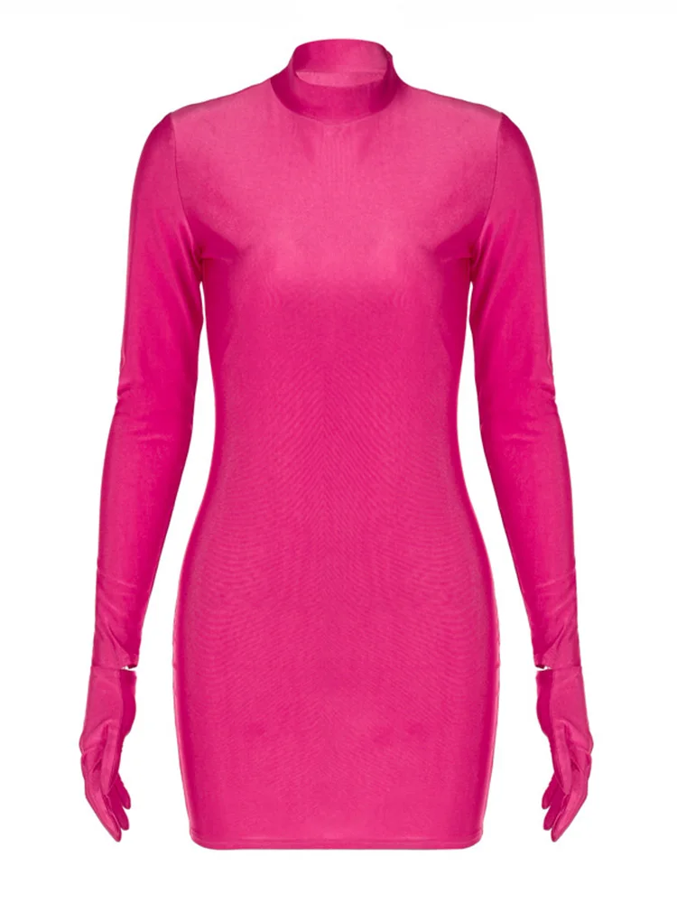 Mini robe moulante à manches longues avec gants, couleur unie, Sexy, Streetwear, tenue de fête, demi