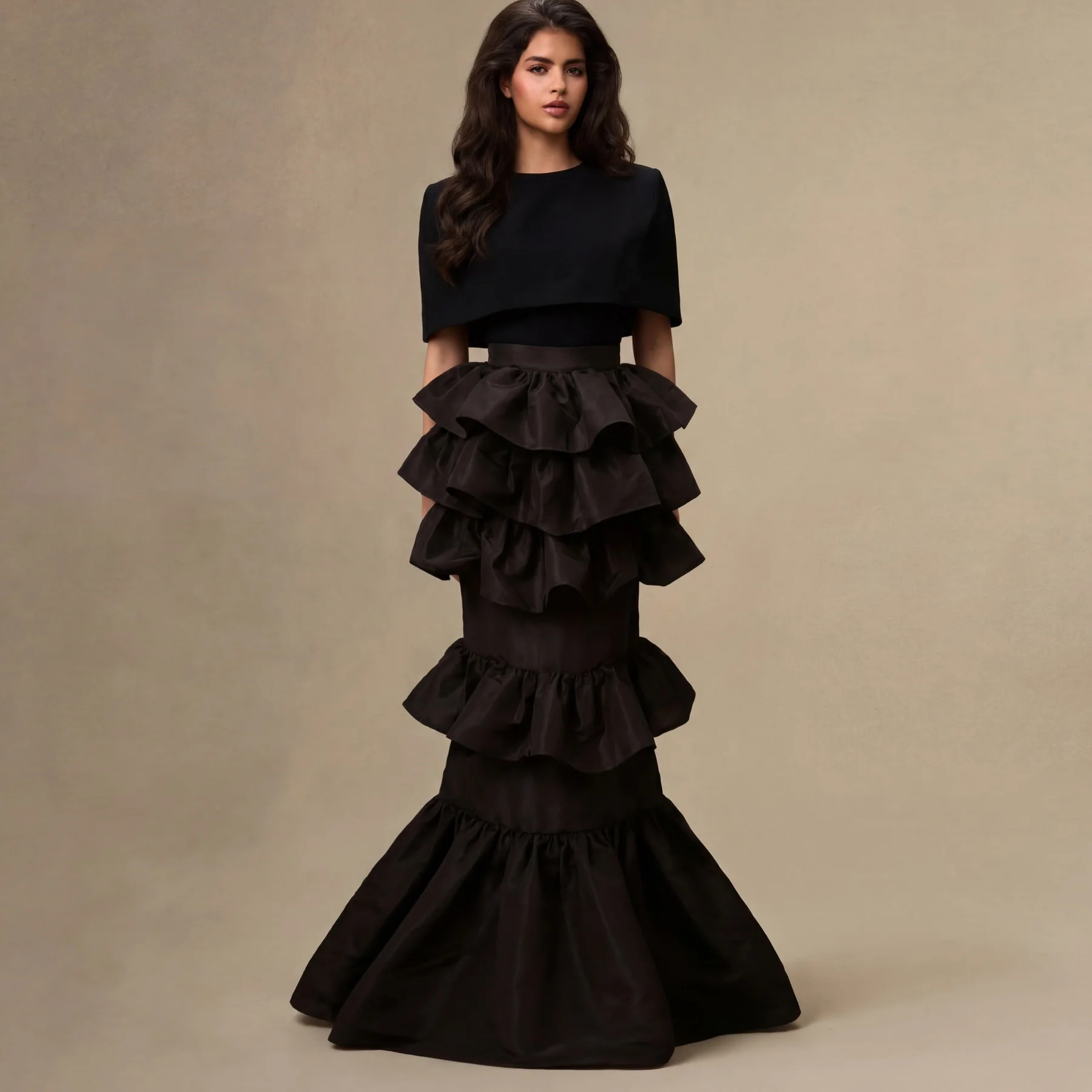Nouvelle Arrivée Jupe Sirène Noire à Volants Superposés pour Femme Taille Haute 2026 Jupe Longue For