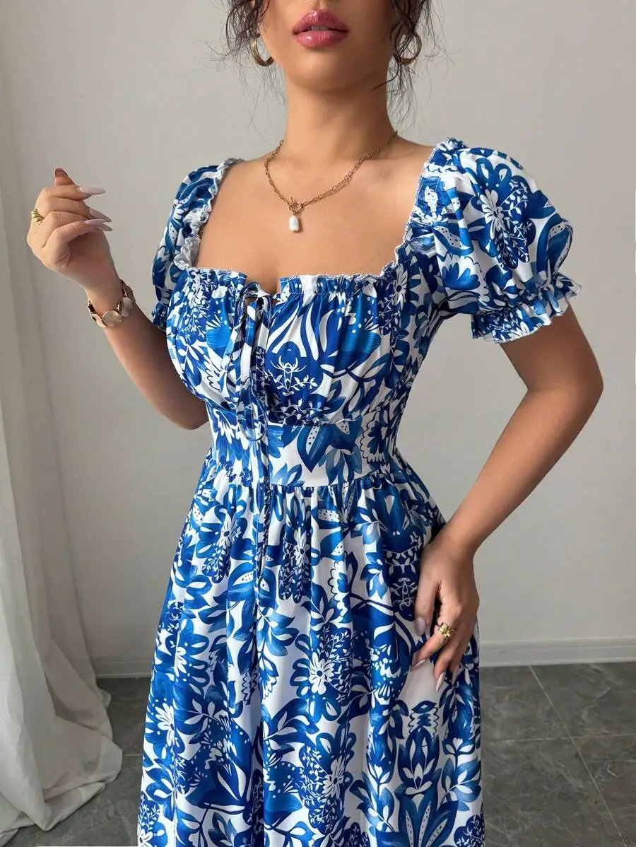 Robe élégante à manches bulles pour femmes, imprimé Floral, robe longue bleue, cravate sur le devant