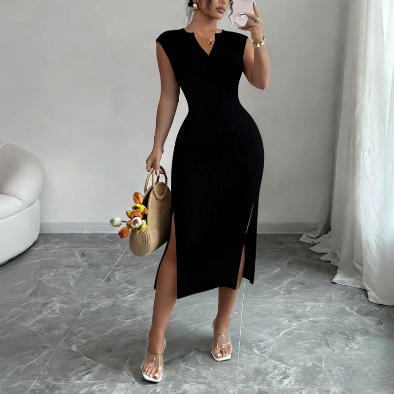 Robe longue moulante en maille blanche pour femme, col en V, sans manches, élastique, avec fente lat