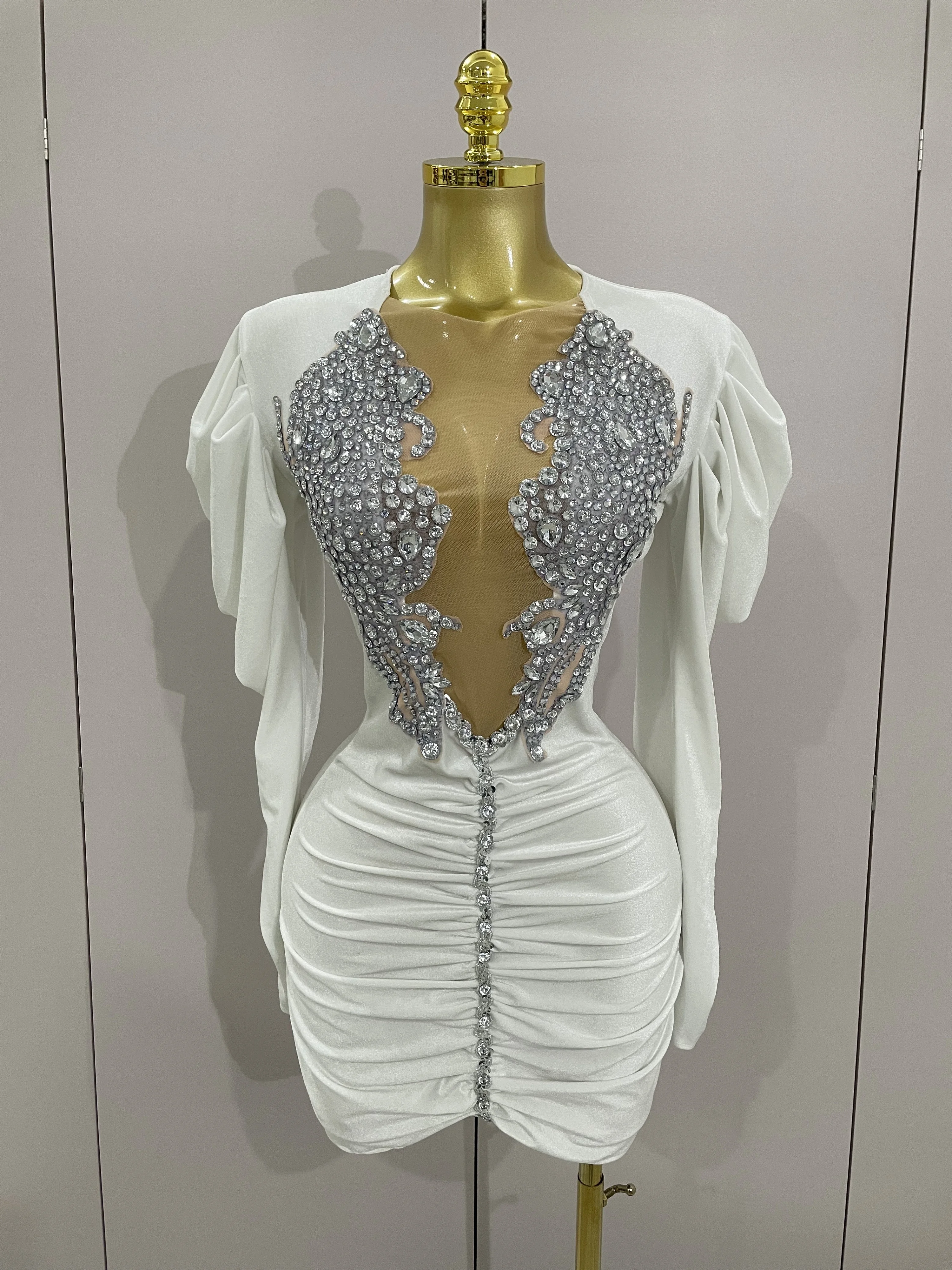 Robe courte de luxe en velours blanc pour femmes, cristaux scintillants, maille Sexy, élégante, robe