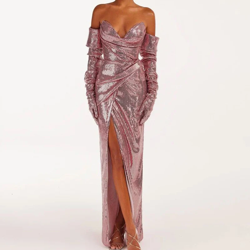 Robe de soirée sans bretelles à paillettes de couleur rose avec une fente sur les cuisses, robe long