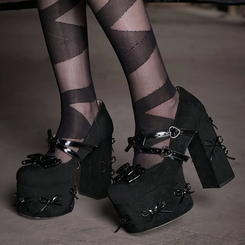Femmes Mary Jane talons noir plate-forme talons épais Goth plate-forme chaussures gros talon haut Ma