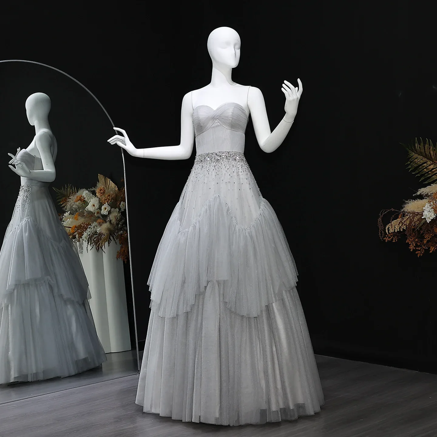Sharon Said dubaï vert sauge volants robe de soirée avec cristal sans bretelles pour les femmes robe