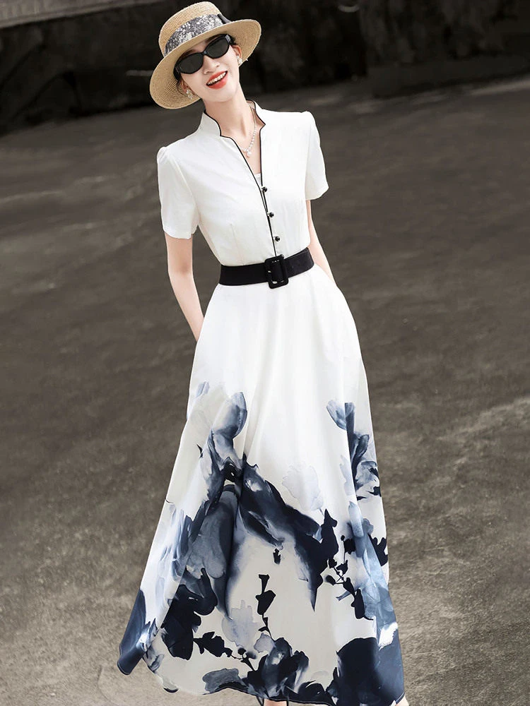MEXCOCO 2026 Nouvelle collection été – Robe évasée élégante à manches courtes imprimé peinture à l'e