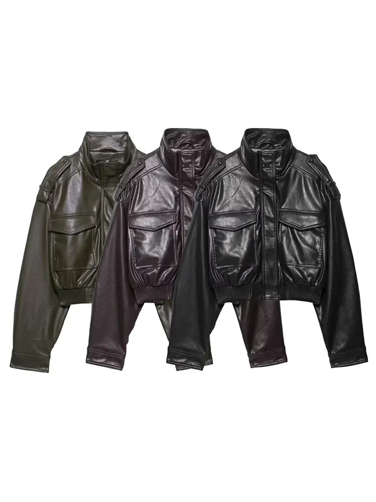 HH femmes Faux cuir recadrée veste vintage Bomber vestes avec poches à manches longues manteaux ferm