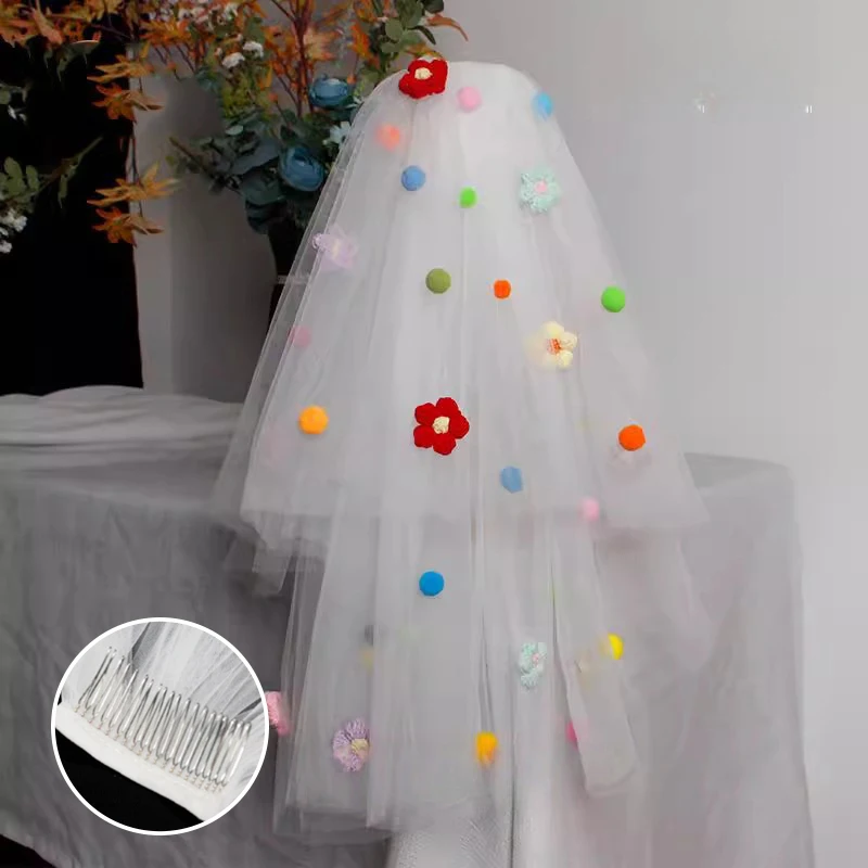 Voile de mariée en tulle à pompons 2026 avec clip, décor papillon, coiffe de mariée colorée, voile b