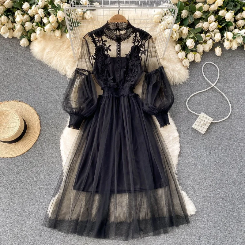 Robe longue en dentelle à fleurs et maille, manches lanternes, blanche, pour femmes, tenue de soirée