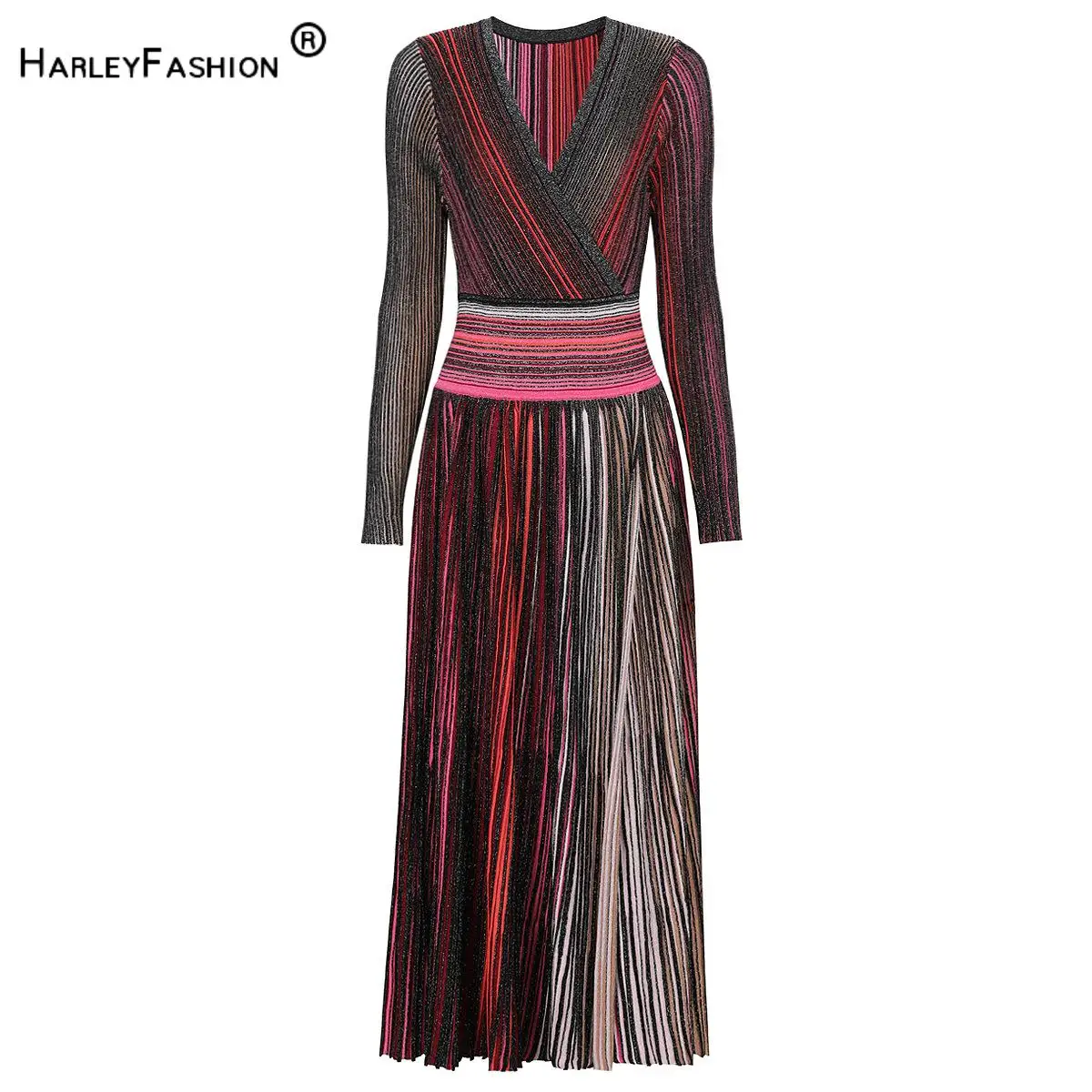 Robe longue trapèze en tricot rayé pour femme, nouveau Style élégant, Slim, ajusté, col en v, manche