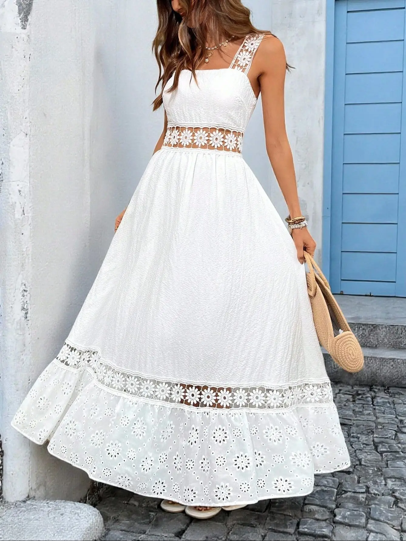 Robe d'été bohème en dentelle blanche, indispensable pour les vacances, robe midi sans manches pour 