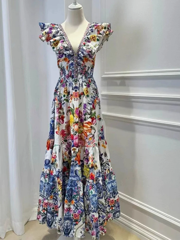 Robe rétro sexy à col en V profond pour femmes, manches Feifei imprimées, jupe haute, nouvelle robe 