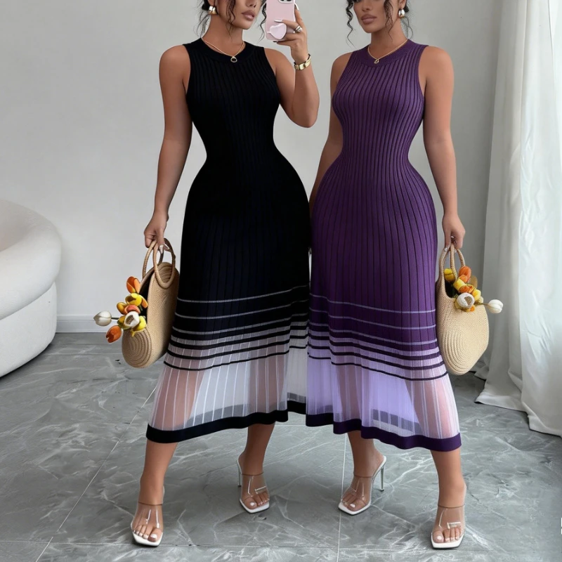Robe midi décontractée pour femme, sans manches, col rond, en maille élastique, avec ourlet transpar