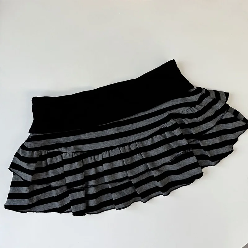 Mini jupe à volants rayée noire et grise, vêtements pour femmes Y2K Grunge, taille haute, taille éla