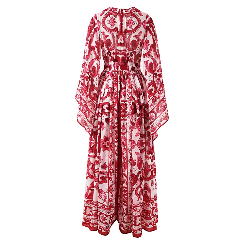 Robe de vacances à imprimé de porcelaine rouge bleu et blanc pour femmes, robe longue d'été, robe bo