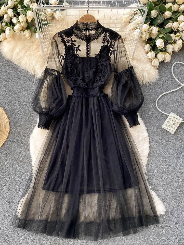 Robe tridimensionnelle pour femmes, crochet à fleurs, maille, tempérament, col montant, manches lant