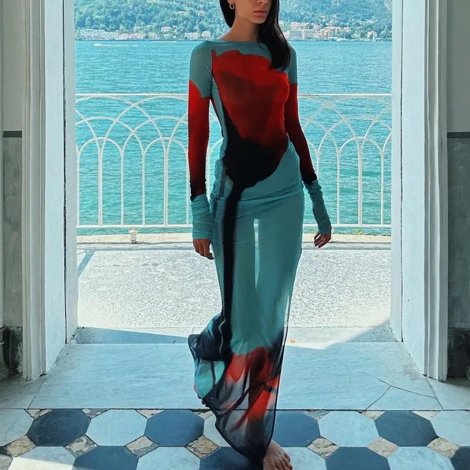 Yivorovy-Robe de plage longue à imprimé floral pour femme, coupe couvertes, maille transparente, man