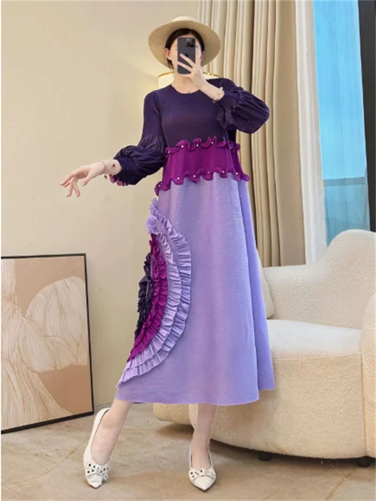 Miyake cravate fleur conception femmes robe plissée col rond à manches longues Colorblock Patchwork 