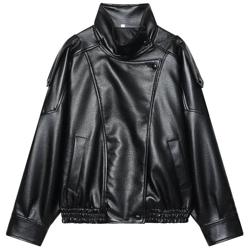 HXAO Faux cuir noir vestes pour femme nouveauté recadrée surdimensionné Bomber veste fermeture éclai