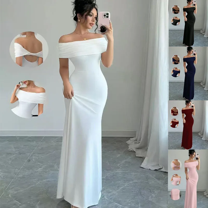 Robe de soirée à épaules dénudées, robe mi-longue moulante sexy sans manches pour femmes, robe de co