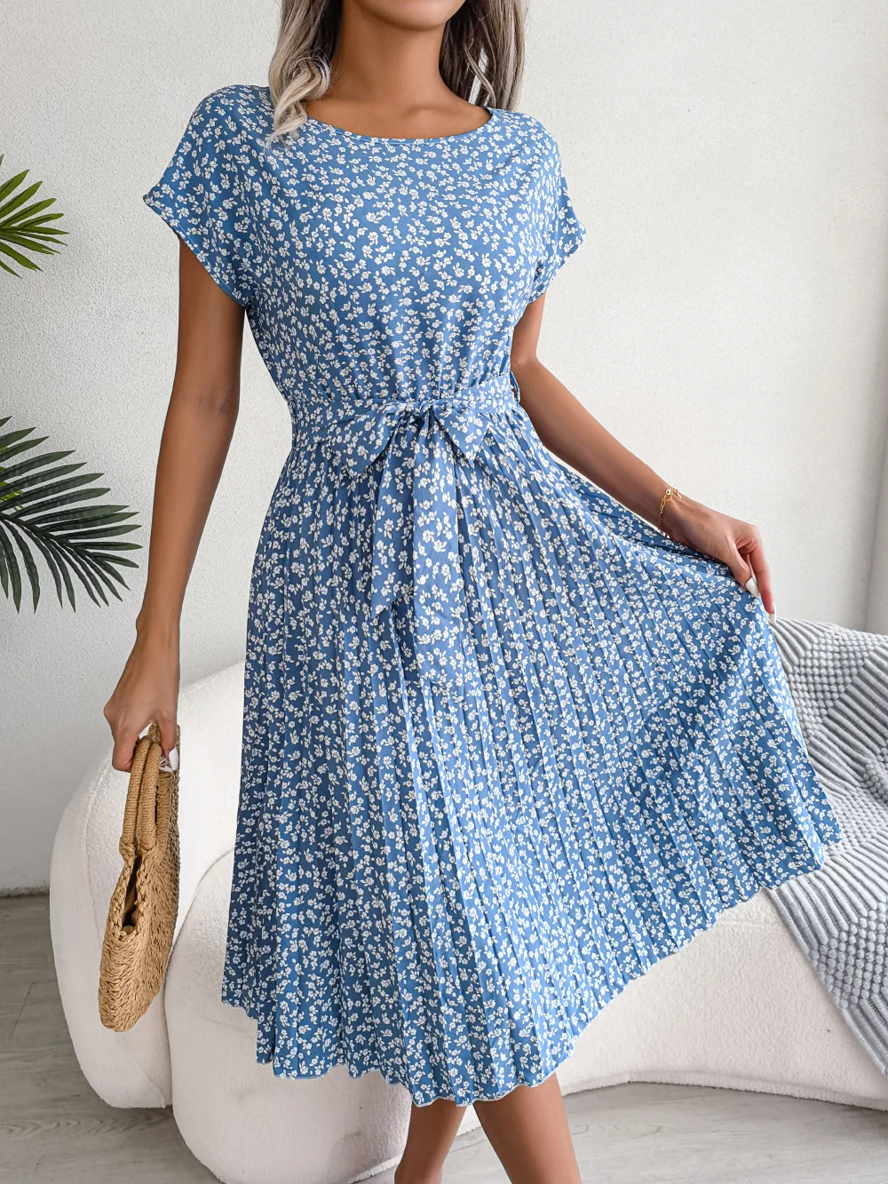 Robe longue plissée à fleurs pour femmes, manches courtes, taille haute, mode chic, printemps, été