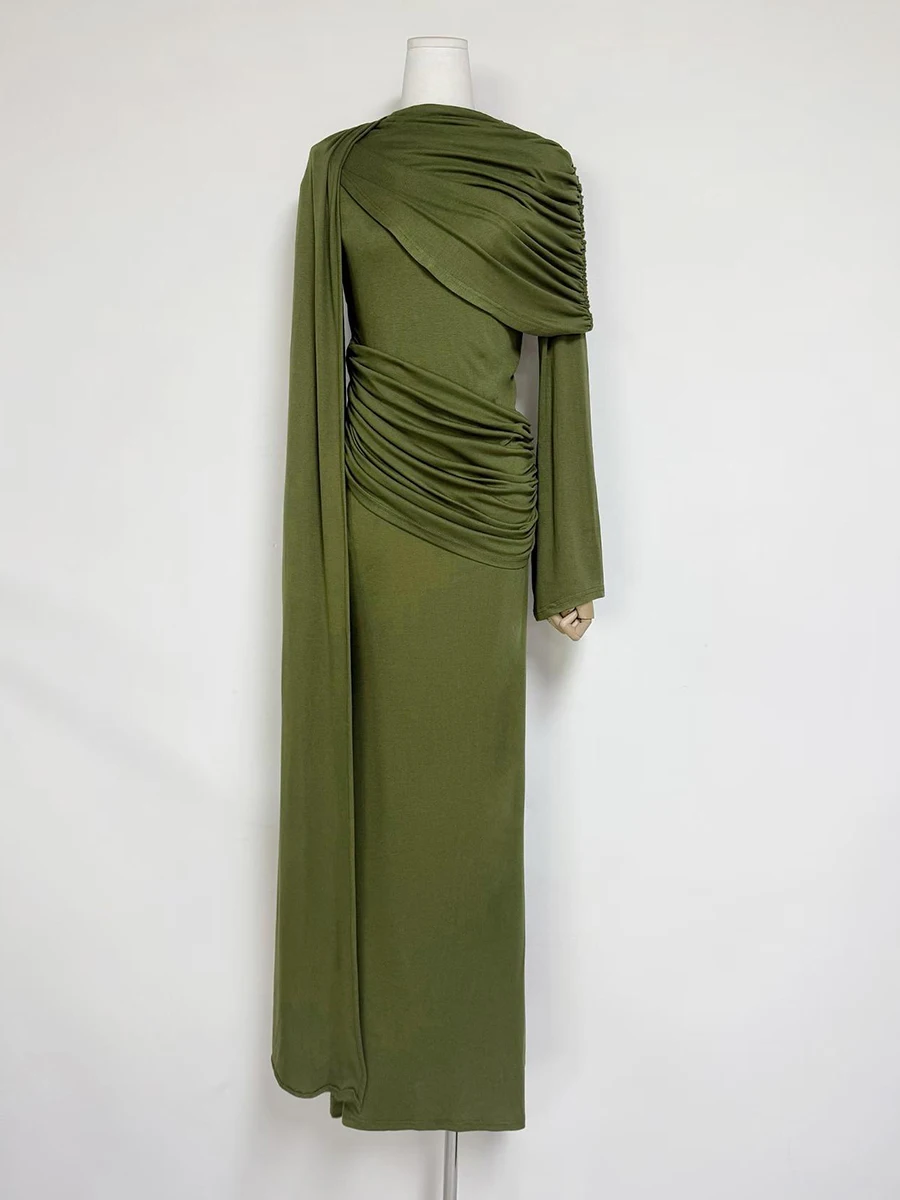 Robe longue sirène VGH pour invitées de mariage, avec châle vert, col rond, manches longues évasées,