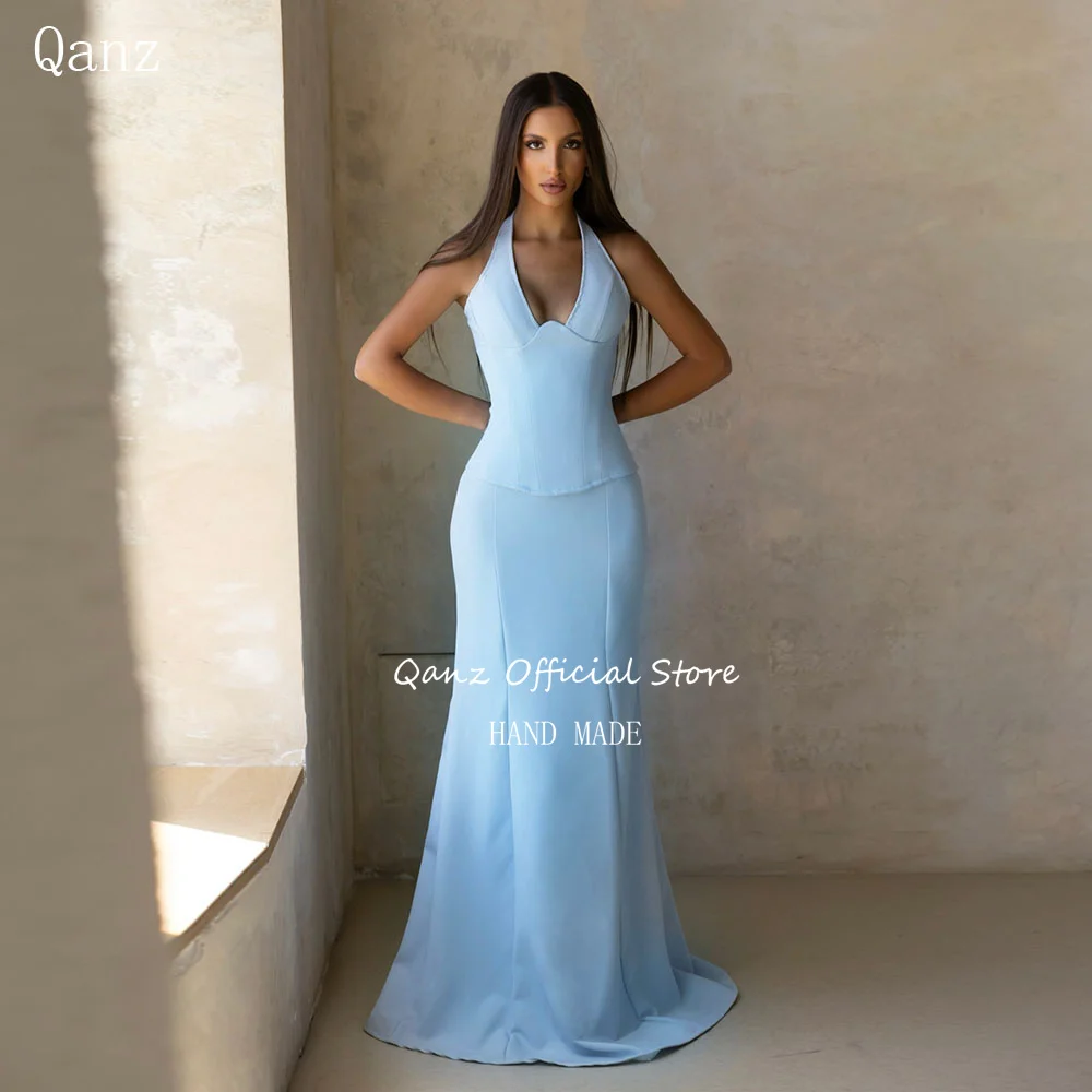 Qanz – robe de soirée en Satin bleu ciel, style sirène, 2 pièces, robes pour invitées de mariage, co