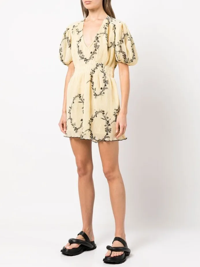 Robe élégante et Chic en mousseline de soie, motif Floral, manches bouffantes, style spectacle, jaun