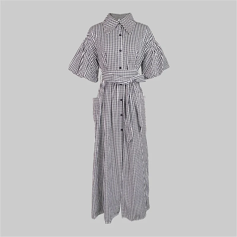 Yeezzi 2025 nouvelle mode Plaid revers chemise robe femmes manches à volants poches boutonnées fente