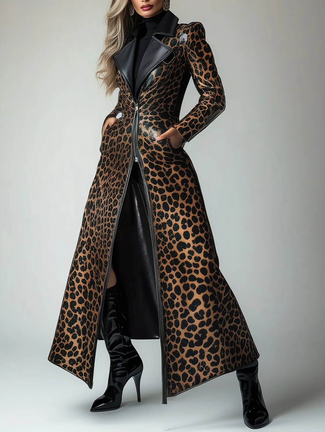 Trench-coat en cuir PU avec poche zippée et motif léopard