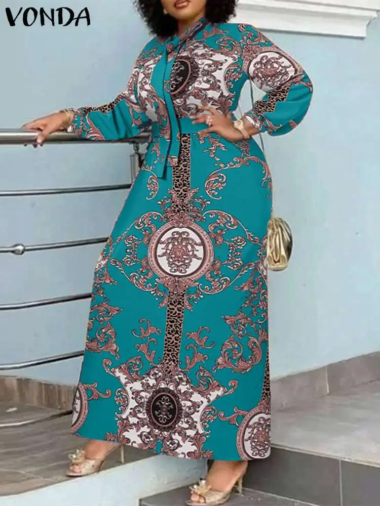 VONDA Robe Maxi 2024 été femmes bohème imprimé fête Robe d'été à manches longues col montant Robe dé