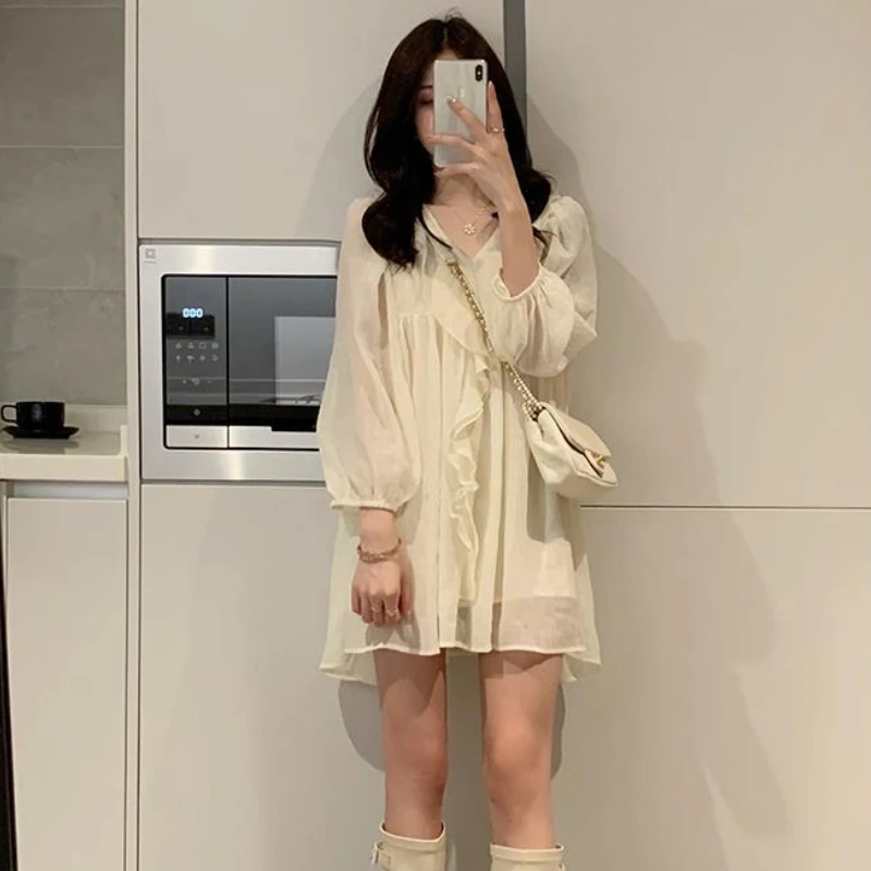 Robe de princesse élégante à manches longues pour femmes, col en V à volants, design de base, mini,