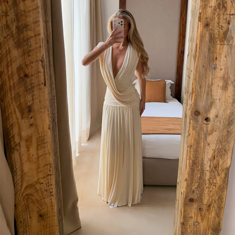 Robe longue élégante blanche sans manches pour femme, col en V profond, drapée, plissée, pour l'été,