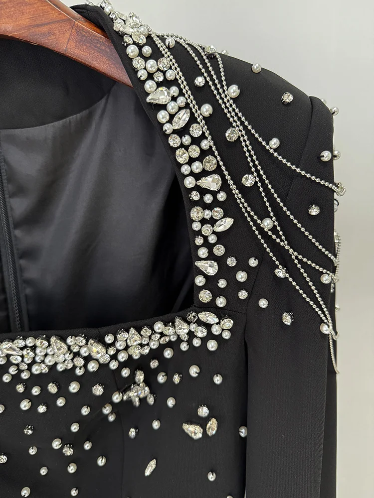 HIGH STREET Nouveauté 2026 Robe longue maxi de créateur pour femme, ornée de diamants et de chaînes,