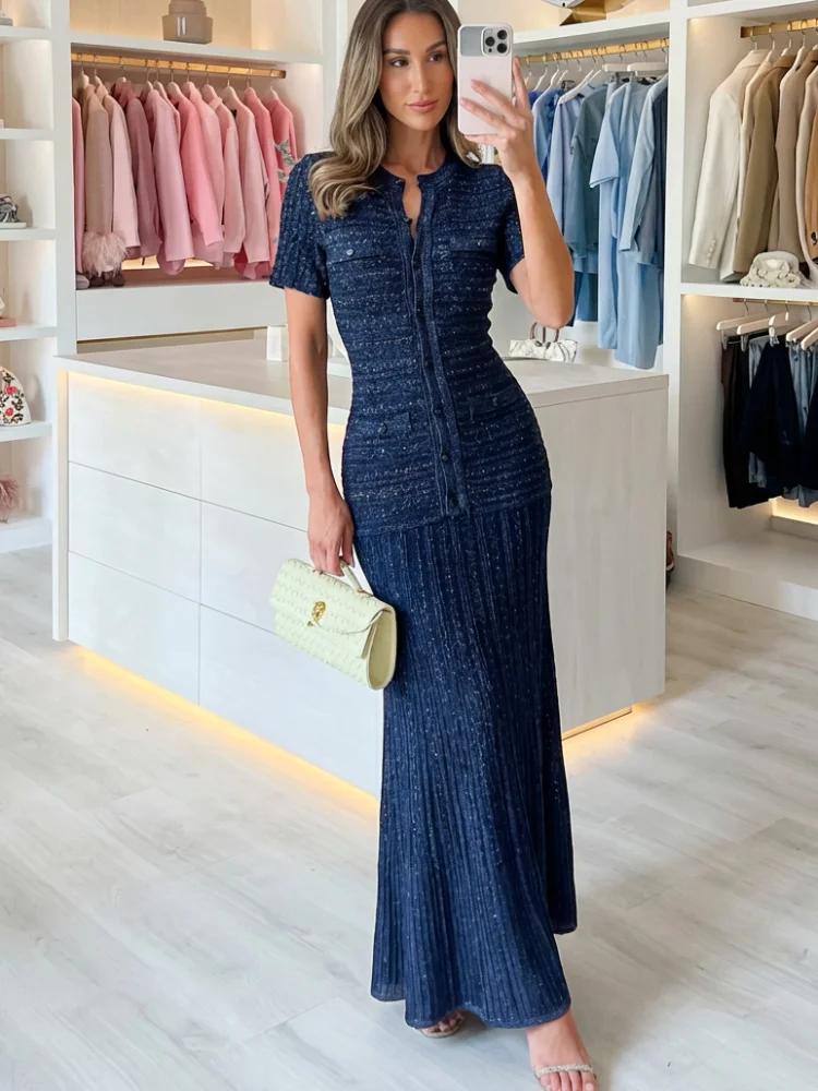 Robe midi vintage texturée à sequins, manches courtes, boutonnée sur le devant, ourlet plissé, pour 