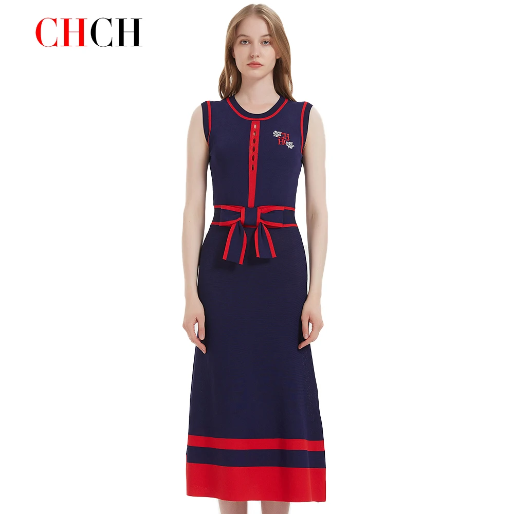 CHCH – robe longue tricotée sans manches pour femmes, tenue d'affaires Simple, bleu marine, nouvelle