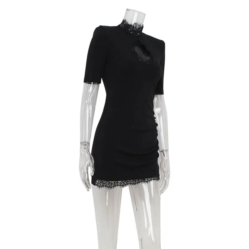 Robes à col haut pour femmes, mini robe éducative, tenues à demi-manches, gaine de tambour évidée, p