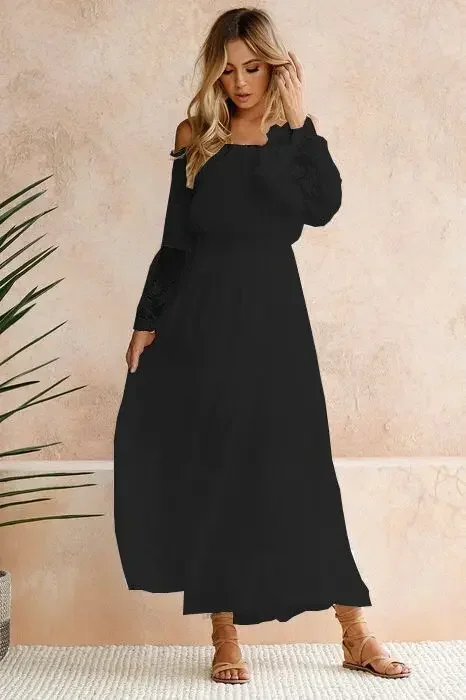 Robe trapèze à manches longues pour femmes, robe de soirée élégante, col slash, dentelle plissée, vo