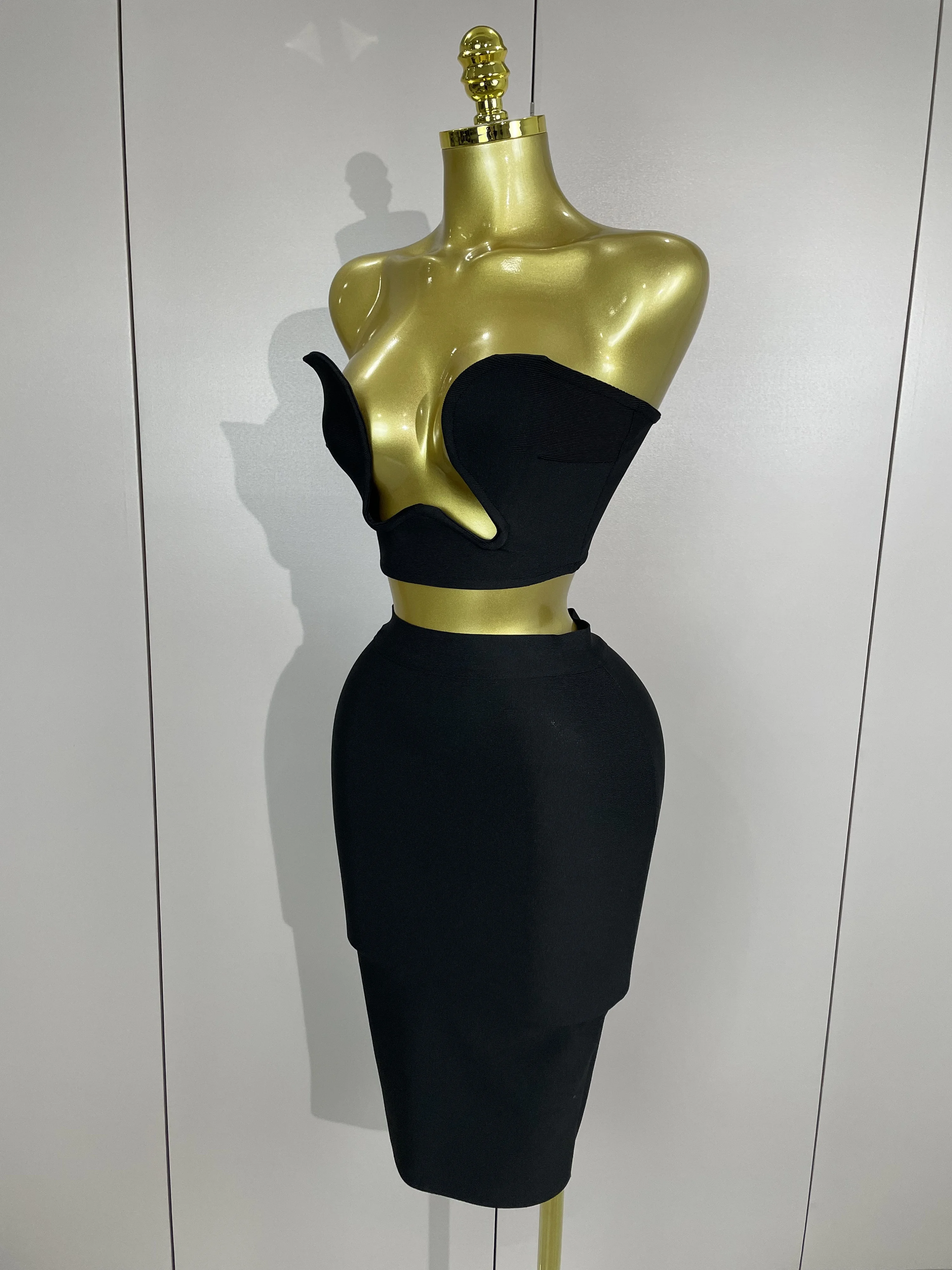 2025 Femmes Sexy Bretelles Dos Nu Noir Bandage Deux Pièces Costume Célébrité Designer De Mode Robe D