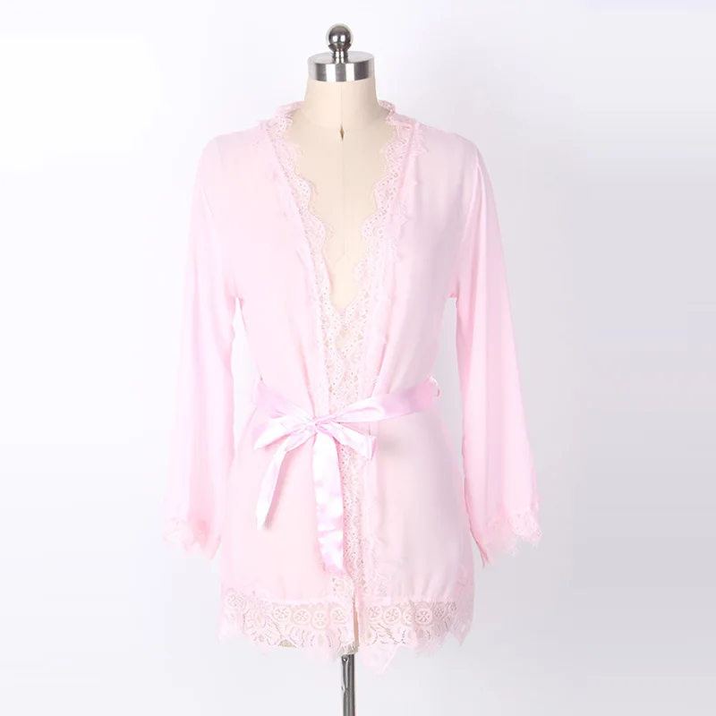 Robe kimono en dentelle transparente pour femmes, manches longues, col en V, ceinture, lingerie de m