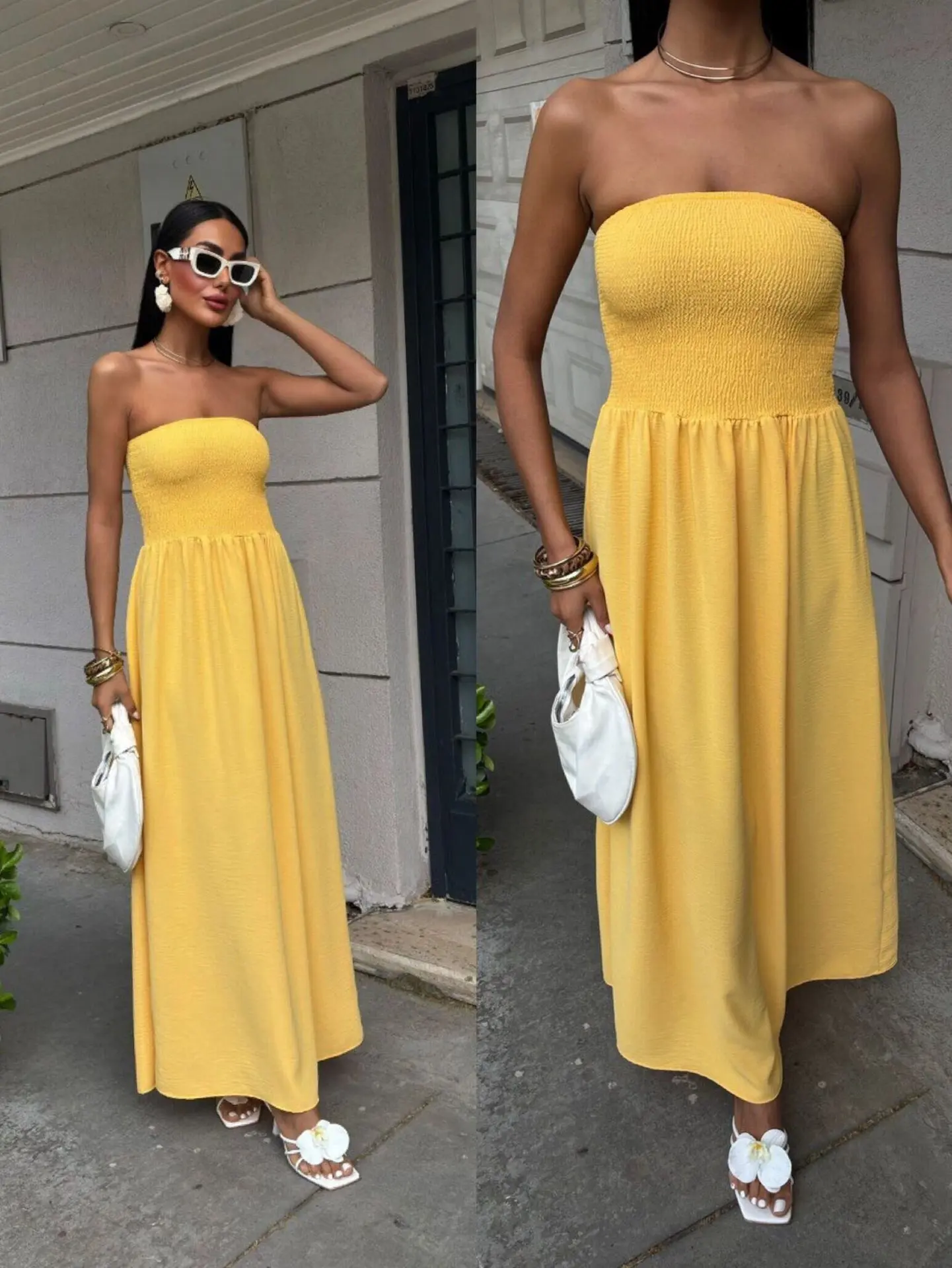 Nouvelle Robe Longue Été 2026 Tendance Couleur Unie Épaules Dénudées Sans Bretelles Taille Cintrée p