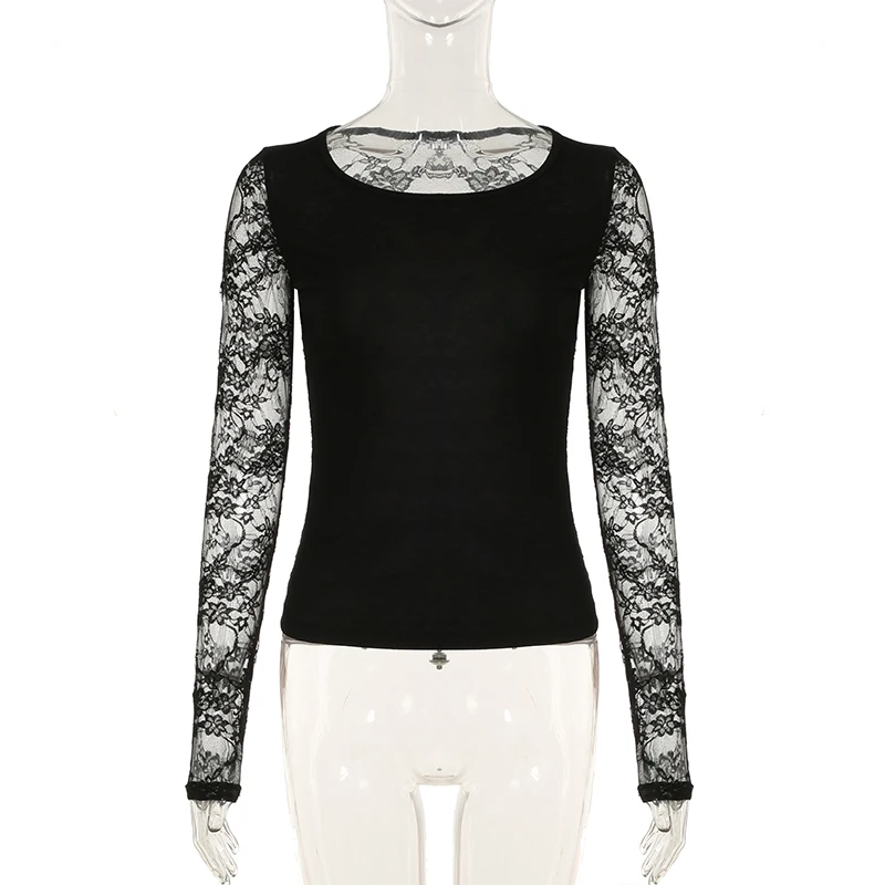 SUCHCUTE noir gothique T-shirt pour femmes Sexy Club dentelle Semi-transparent à manches longues cul