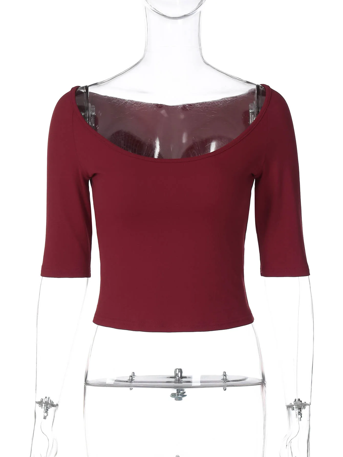 Dulzura automne dernière solide col en U demi manches coupe ajustée T-Shirt femmes casual polyvalent