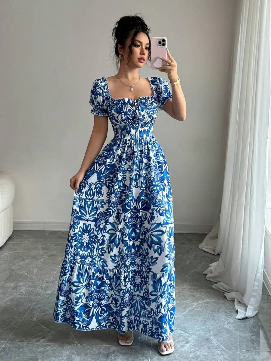 Robe élégante à manches bulles pour femmes, imprimé Floral, robe longue bleue, cravate sur le devant
