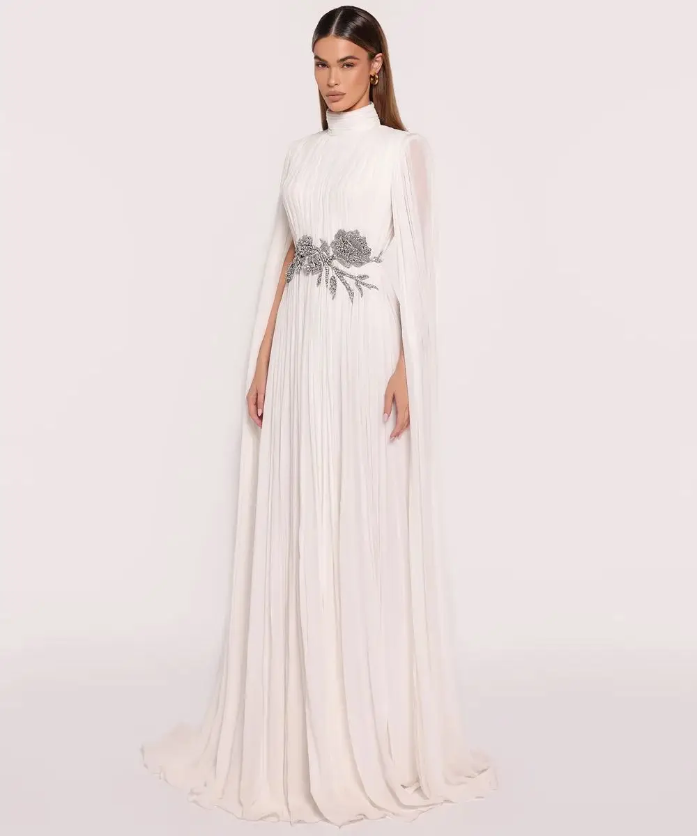 Robe de soirée trapèze blanche arabe, Vintage, col haut, avec longs châles, élégante, en mousseline 