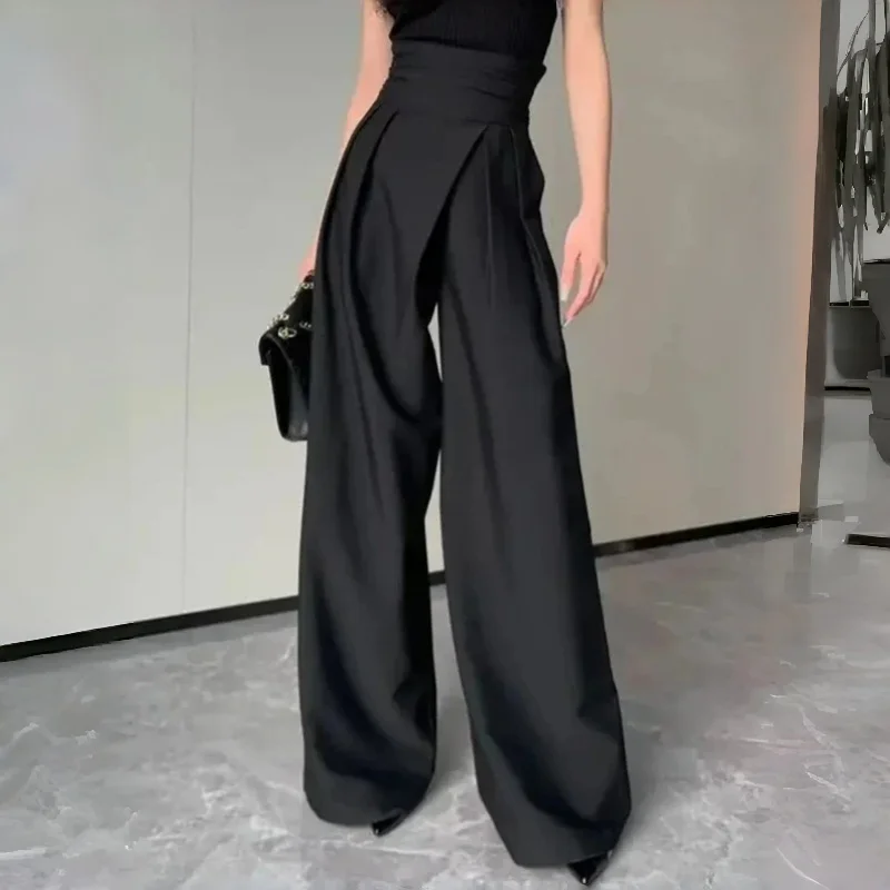Nouveau pantalon noir pour femme, printemps-été, décontracté, taille haute, coupe large, style taill